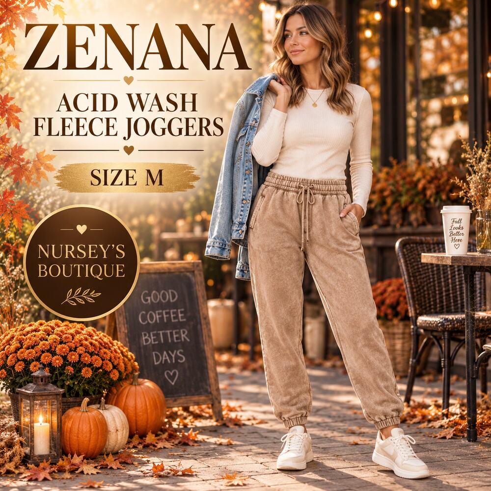 Zenana Acid Wash Fleece Joggers Size M Brown Drawstring OPW-4355 NWT